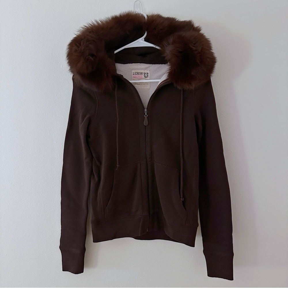 NWOT J.Crew Vintage French Terry Fur Zip-Up Hoodie - Size XS - Brown